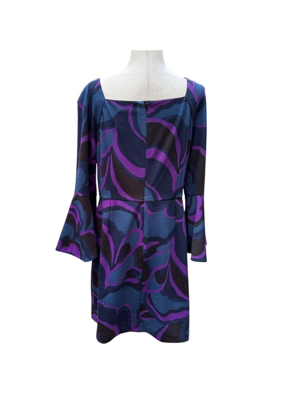 Trina Turk Size 14 Bell Sleeve Dress | Purple & Blue Swirl Geometric Mod Print - Picture 7 of 11